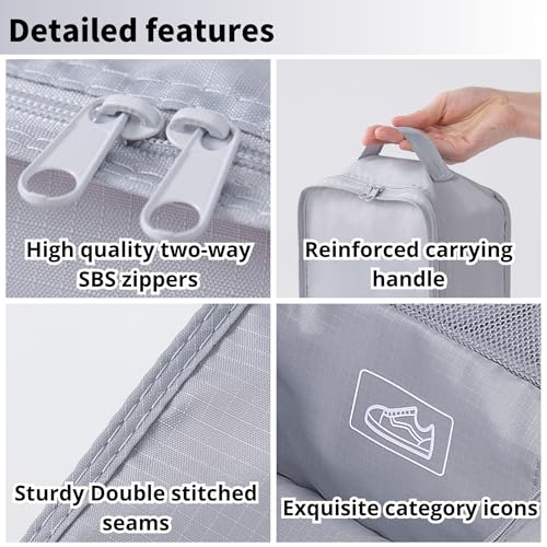 Tianzong Travel Shoe Bag 2-Pack with Handle, Water-Resistant & Breathable, Fits 2 Pairs Grey