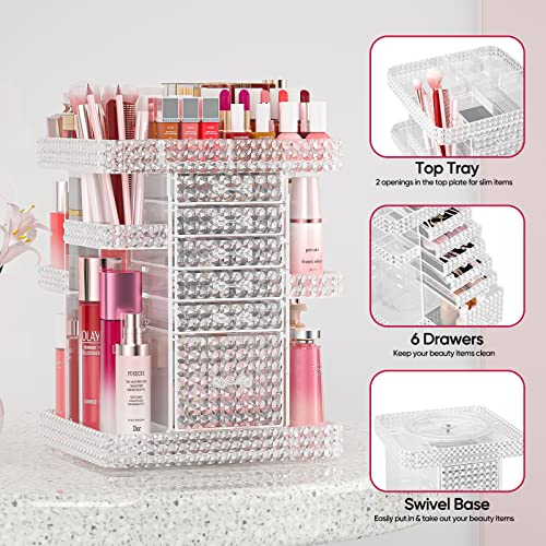 2 Pack Makeup Organizer Set, Rotating Makeup Organizer with 6 Drawers, Makeup Brush Holder, Clear