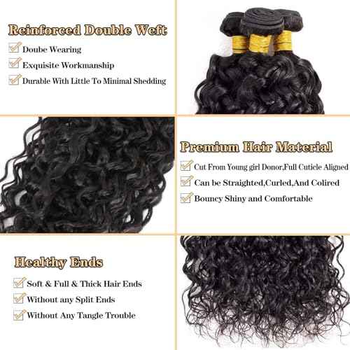 12A Water Wave 3 Bundles Human Hair 10" 12" 14" 300g 100% Unprocessed Brazilian Virgin Hair Wet and Wavy Human Hair Weave Bundles Natural Color