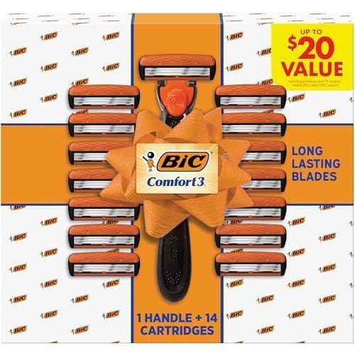 BIC Comfort 3 Refillable Men's 3-Blade Razors Holiday Gift Set, 1 Handle and 14 Cartridges, Stocking Stuffer for Men