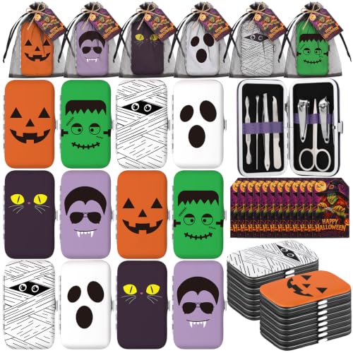 Halloween Manicure Set Gifts Bulk - 12 Complete 7-in-1 Nail Care Kits with Bag & Card