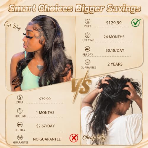 RUNBUY 13x6 Body Wave Lace Front Wigs Human Hair Pre Plucked 26 Inch Natural Color