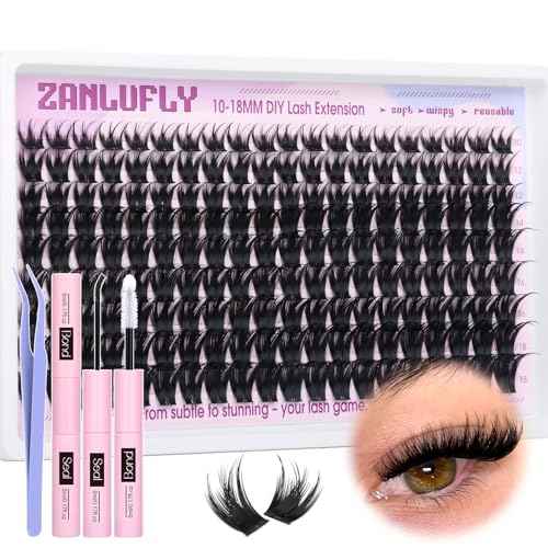 Lash Clusters Kit DIY Lash Extension Kit Volume Cluster Eyelash Extension Kit D-curly Individual lashes 10-18MM Wispy Eyelash Clusters with Lash Cluster Glue and Tweezers by zanlufly