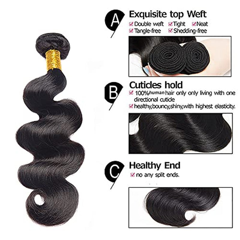 Body Wave Human Hair Extensions - 18/20/22 Inch Bundles, #1B Natural Black