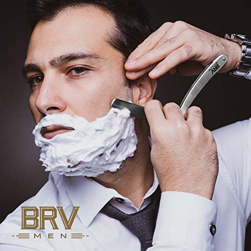 BRV MEN Professional Straight Edge Barber Razor w/ 100 Single Edge Razor Blades | Straight Razors for Men | Barbershop Accessories | Mens Shaving Knife & Shavette - Silver