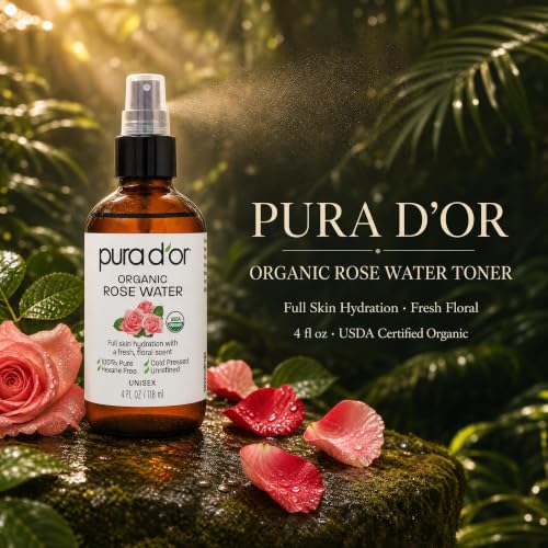 PURA D'OR Organic Rose Water Toner 4 oz | Hydrating Facial Spray