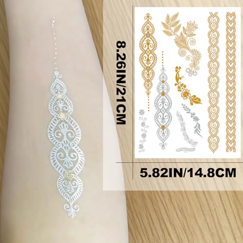 Aresvns Waterproof Metallic Temporary Tattoo,Gold Boho Snake Flash Jewelry Tattoos, 8 Sheets Gold Silver Fake Tattoos for Women Teen Girls