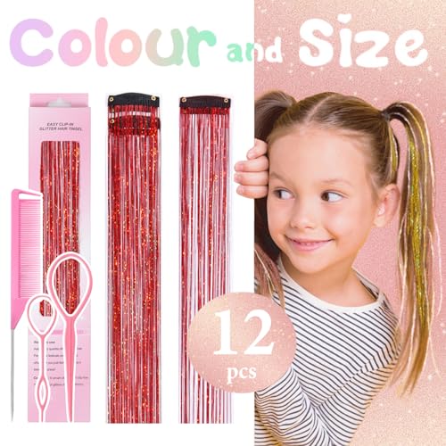 Hair Tinsel Clip In Extensions, 12 Pcs 24 Inch Red