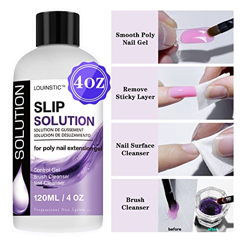 LOUINSTIC Polygel Slip Solution 4oz - 3-in-1 Anti-Stick Nail Gel Liquid