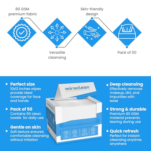 Dry Face Towels XL 10" x 12" - 50 Pack Ultra Soft Disposable Cloths Thick And Durable Face Towelettes For Clean Skin Routine