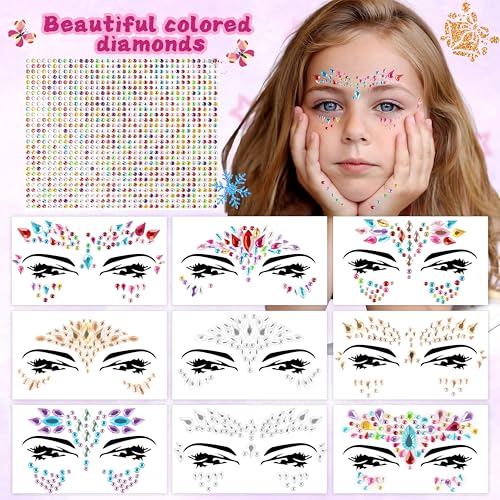 Glitter Tattoos Kit for Kids, 9 Face Gems, 24 Colors Glitter, 60 Tattoo Stickers, 64 Tattoo Stencils, 1008 Rhinestones, 5 Makeup Brushes, 2 Glue, 1 Mini Scissors, Great Holiday Gift for Girls & Boys.