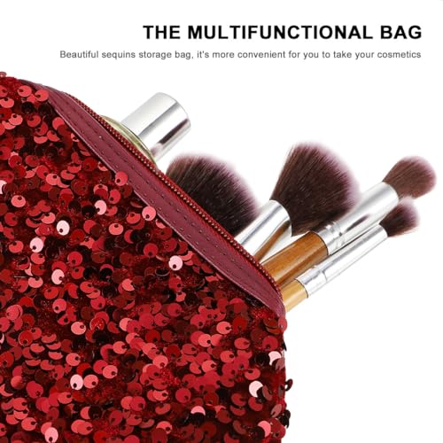 VALICLUD Sequin Cosmetic Bag, Portable Glitter Makeup Bag, Large Capacity Travel Toiletry, Dark Red Square Storage Pouch for Women