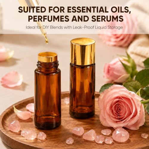 Rose Quartz Roller Bottle 50mL | Amber Glass Essential Oil Dispenser