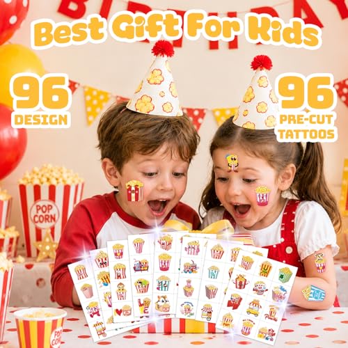 96 Popcorn Temporary Tattoos for Kids | Movie Party Favors