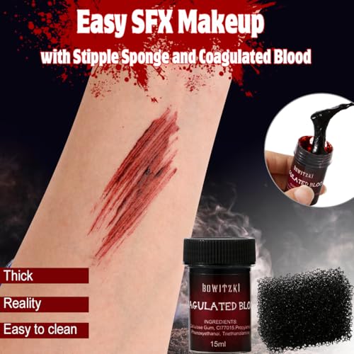 Bowitzki Fake Blood & Liquid Latex Kit,Pro SFX Makeup Set with 50ml Dark Fake Blood, 50ml Fresh Spray Blood, 2pcs Liquid Latex,Coagulated Blood, Sponge & Spatula for Halloween, Cosplay