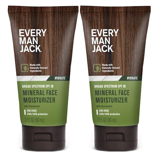 Every Man Jack Men's Mineral Face Lotion w/Broad Spectrum SPF 30 Sunscreen w/Zinc Oxide - Dermatologist Tested UVA/UVB Protection - Daily Moisturizer to Protect & Relieve Dry Skin - 2 Fl Oz (2 Pack)