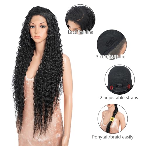 Style Icon 36¡±Super Long Curly Wig C-Shaped Side Part Lace Wig Afro Baby Hair Synthetic Black Wigs(36 inches, 1B)