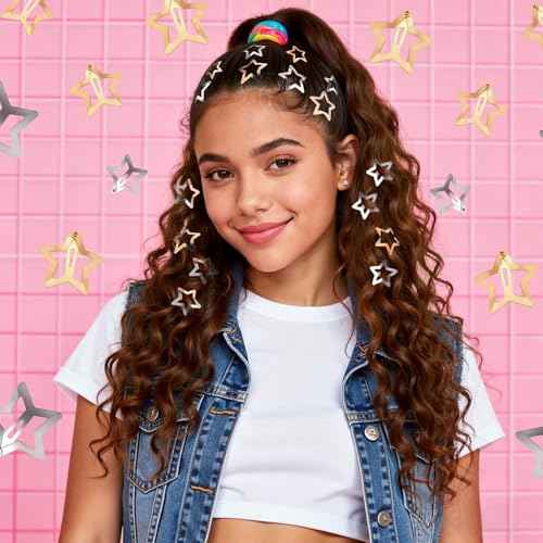 50 PCS Gold Silver Star Hair Clips, 1.18 Inch Y2K Accessories Snap Hair Clips, Non-Slip Small Star Barrettes Metal Accessories for Girls Women, Mini Fashion Cool Ornament Set for Rave Decor