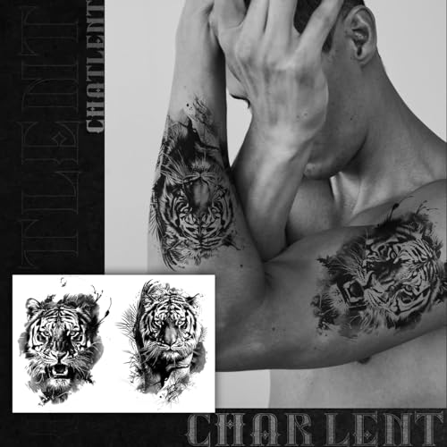 18 Pcs Realistic Tiger Bear Lion Wolf Temporary Tattoos for Men Adults - Black Fake Animals Tattoo Stickers for Men Women Adult Body Art Arm Chest Shoulder