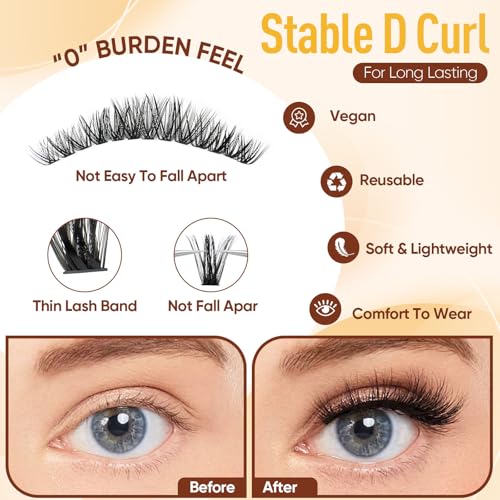 Lash Clusters WispyCluster Eyelash Extensions 320pcs Individual Natural Lashes 8-10-12-14-16mm Lash Extension D Curl DIY Thick False Eyelashes Fox Eye Soft Comfortable with Thin Band (black-40D)
