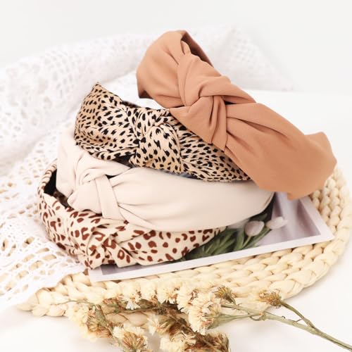 DRESHOW Knotted Headbands for Women - 4 Pack Solid & Patterned Wide Boho Hair Accessories, Non-Slip Fit for Girls & Women, Version 2 Solid + 2 Patterned