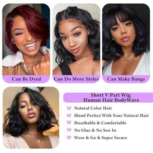 Xagujpo Body Wave V Part Wig Human Hair Upgrade U Part Human Hair Wigs for Black Women 100% Beginner Friendly Wear and Go Glueless Wigs Human Hair No Sew In 180% Density Natural Color (12 inch)