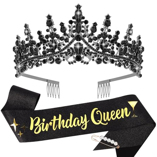 Black Birthday Queen Crown & Sash Set for Adults – CURASA Glitter Tiara and Satin Ribbon