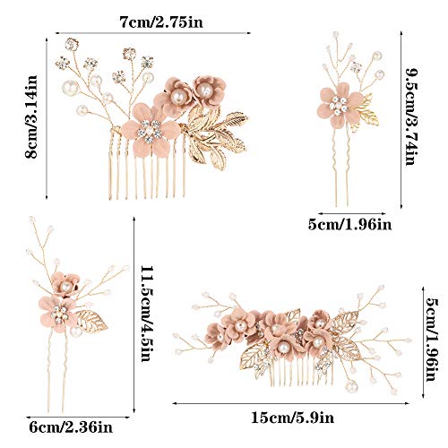 4Pcs Rose Gold Wedding Hair Combs with Pearl Crystals