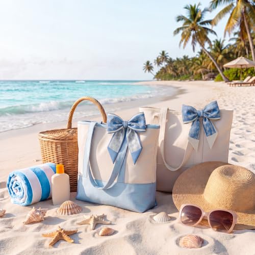 8 Pack Large Canvas Tote Bags with Zipper - Blue & White