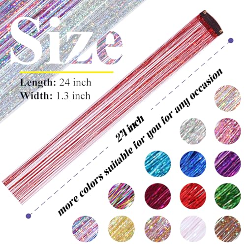 Hair Tinsel Clip In Extensions, 12 Pcs 24 Inch Red