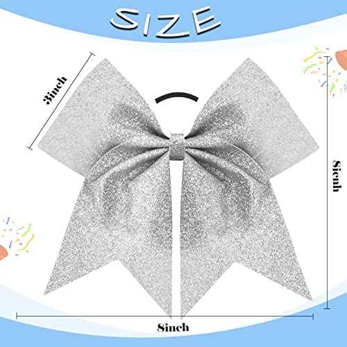16 PCS 8" Large Glitter Cheer Bows for Cheerleaders, CN Sparkly Hair Bows with Elastic Hair Ties Accessories for Teens Girls Women Cheerleading Softball Competition Sports (Silver)