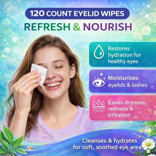 Eyelid & Lash Wipes with Tea Tree Oil, Aloe Vera & Hyaluronic Acid for Sensitive Eyes, Dry Eye Cleansing & Blepharitis Relief - 120 PCS