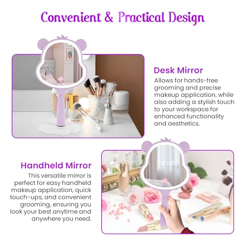Impressions Vanity Care Bears Share Bear LED Handheld Makeup Mirror for Desk, Lighted Travel Makeup Mirror with Detachable Standing Base, Ultra Bright Adjustable Lighting and Figural Shaped (Purple)
