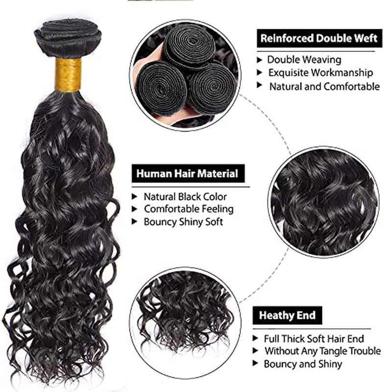 12" Natural Black Water Wave Human Hair Bundles - 3 Pack
