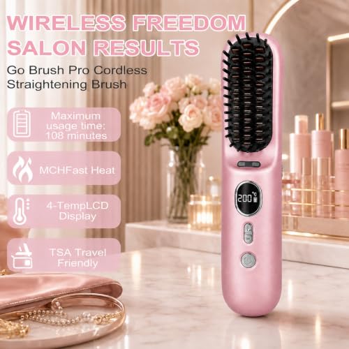 Go Brush Pro Cordless Hair Straightener - 4 Temps, LED Display, 9000mAh