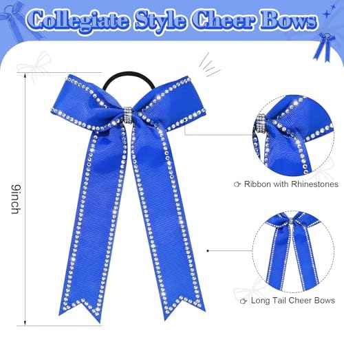 DEEKA Long Tail Rhinestones Cheer Bows 12 PCS Collegiate Style Full Rhinestone Skinny Ponytail Holder Handmade for Girls Teens Cheerleader Sports (Royal Blue)