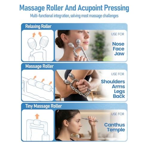 Yeamon Gua Sha Facial Tools & Face Roller Set, Stainless Steel Gua Sha & 3-in-1 Face Rollers for Jawline, Cheeks & Under-Eye, Ice Roller, Massager, Skin Care Tools for Women