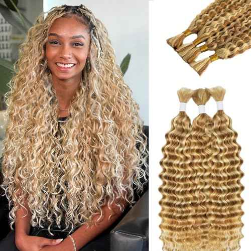 Boho Braids Human Hair Knotless Ombre Blonde Human Braiding Hair 14 Inch 27/613 Ombre Water Wave Bulk Human Hair for Braiding Wet and Wavy No Weft 100g 2 Bundles Curly Human Hair Extensions