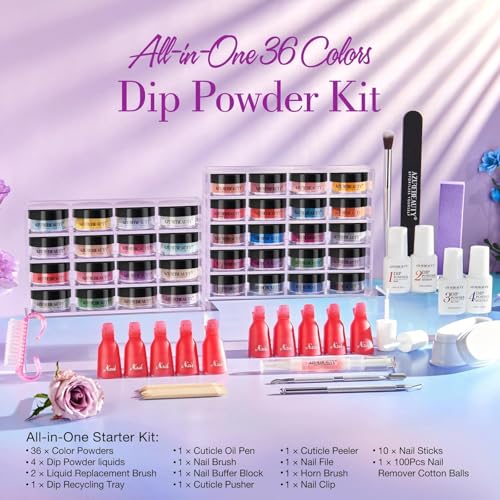 AZUREBEAUTY 170Pcs Dip Powder Nail Kit Starter 36 Colors Pink Red Purple Christmas Dipping Powder with Base/top Coat Activator Dip Liquid Set + Nail Removal Accessories Set for Gift