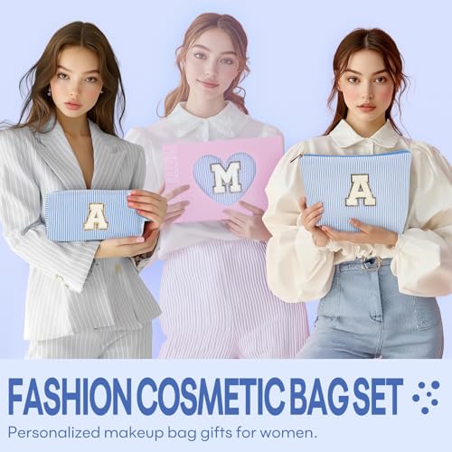 2 PCS Initial Makeup Bags for Women: Cosmetic Bag for Travel Toiletry - Birthday Gifts for 11 12 13 14 15 16 17 18 Years Old Girl Graduation Teacher Gift- Teen Girl Gifts Trendy Stuff - Blue I