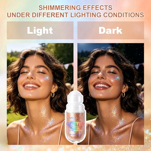 Meilury 2PCS Champagne Roll-On Body Glitter Gel - Holographic Chameleon Sequins for Face, Hair & Body