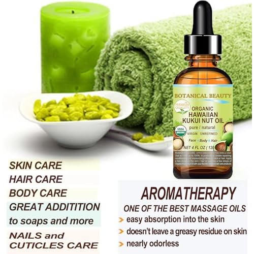 Botanical Beauty Certified Organic KUKUI NUT OIL 100% Pure Natural Virgin Unrefined Cold-Pressed Carrier Oil for Face, Skin, Body, Hair, Lip, Nails. Rich in Vitamin E (0.5 Fl Oz)