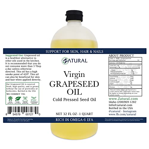 Zatural Grapeseed Oil Organically Grown 100% Pure Cold Pressed Virgin High Tempurature Cooking Oil (32oz)