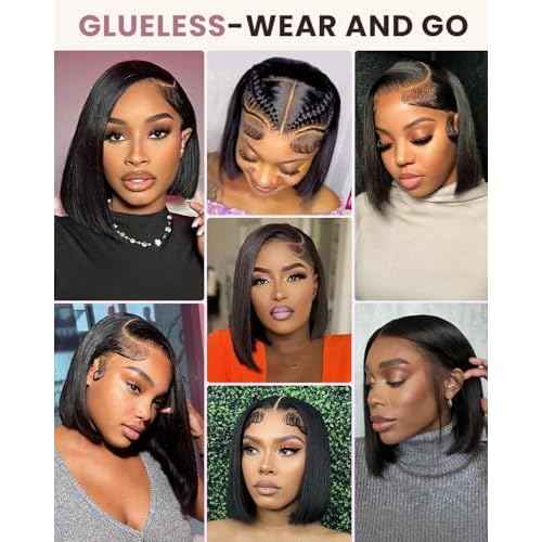 Bob Wig Human Hair 13x4 HD Lace Front Wigs Human Hair 200% Density 15A Straight Bob Wigs For Black Women Glueless Wig Pre Bleached Pre Plucked With Baby Hair (10inch)
