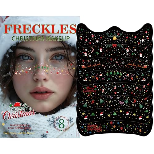 8 Pcs Christmas Temporary Freckles ? Shiny Freckles Face Tattoo, Waterproof & Sweatproof Christmas Party Supplies for Kids and Women, Christmas Theme Face Makeup, Party Christmas Face Decoration