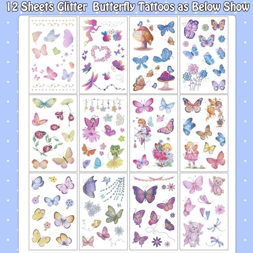 Butterfly Glitter Temporary Tattoos for Kids, 130 Styles