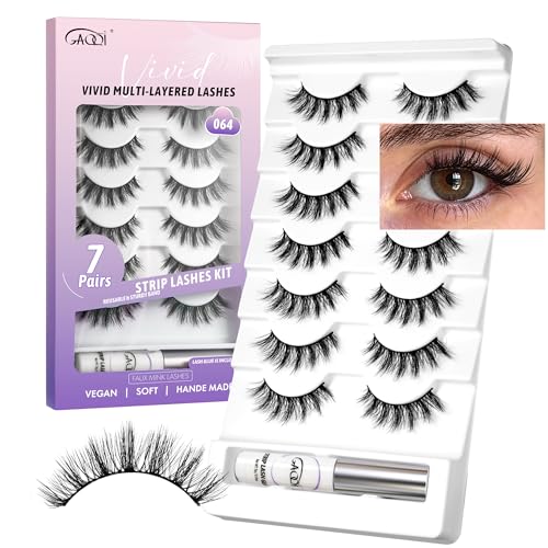 GAQQI Lash Kit - 064 False Eyelashes with Glue, 7 Styles, Reusable Wispy & Spiky Faux Mink