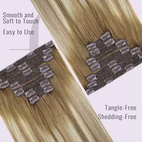 Fshine Clip in Hair Extensions Real Human Hair Dark Brown to Ash Brown Highlight Medium Blonde Clip Ins Double Weft #3/8/22 120g 22inch 7pcs Girl Boss Everyday Upgrade
