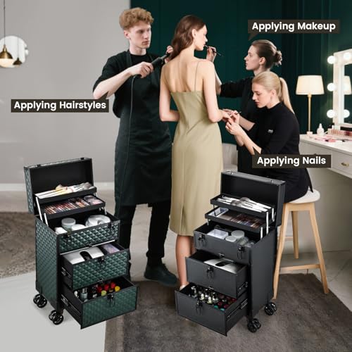 Rolling Makeup Train Case with 2 Drawers & Lockable Trays