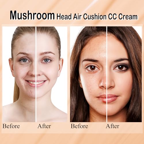 Mushroom Head Air Cushion CC Cream Nature Foundation,Moisturizing BB Cream Makeup Long Lasting Matte Concealer,Bright Makeup Base Long Lasting with Mushroom Makeup Sponge(#03 Warm Nude)